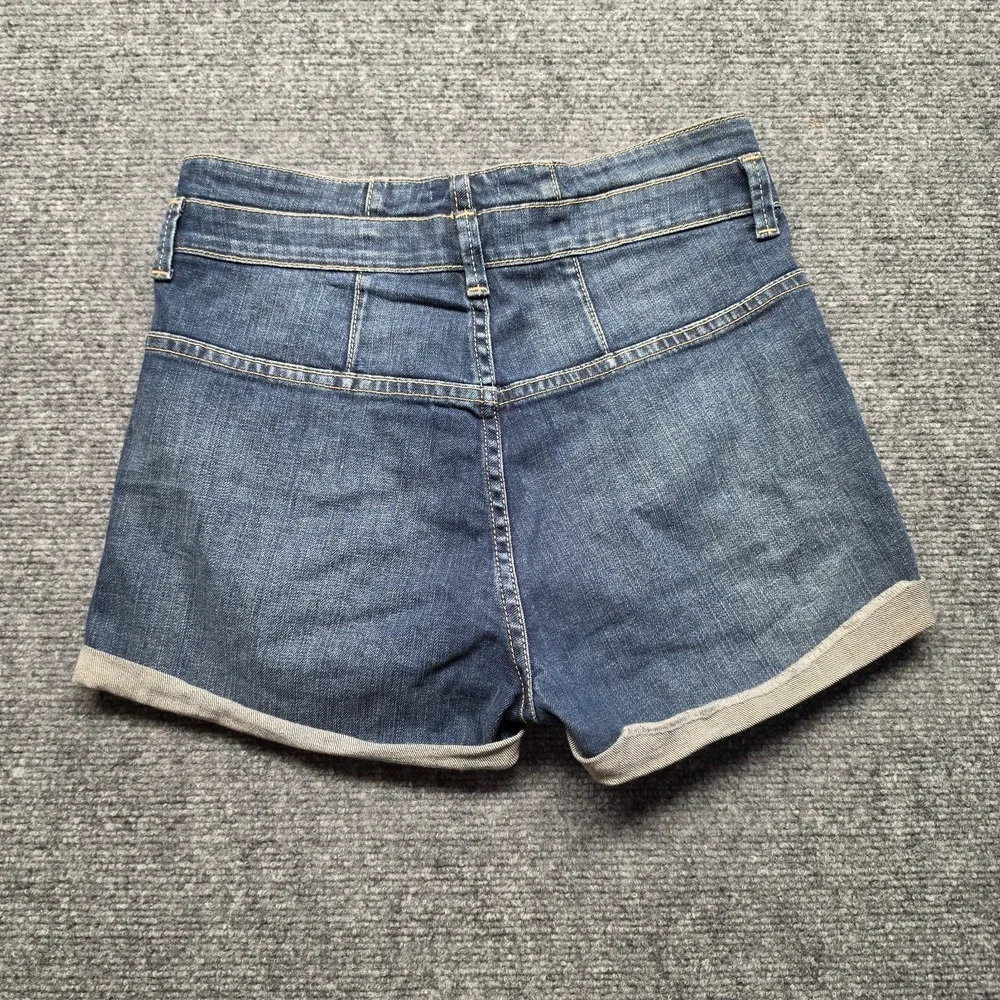 : Topshop MOTO High Waisted Corset Denim Shorts Womens US 4 W26 Dark Wash Cuffed